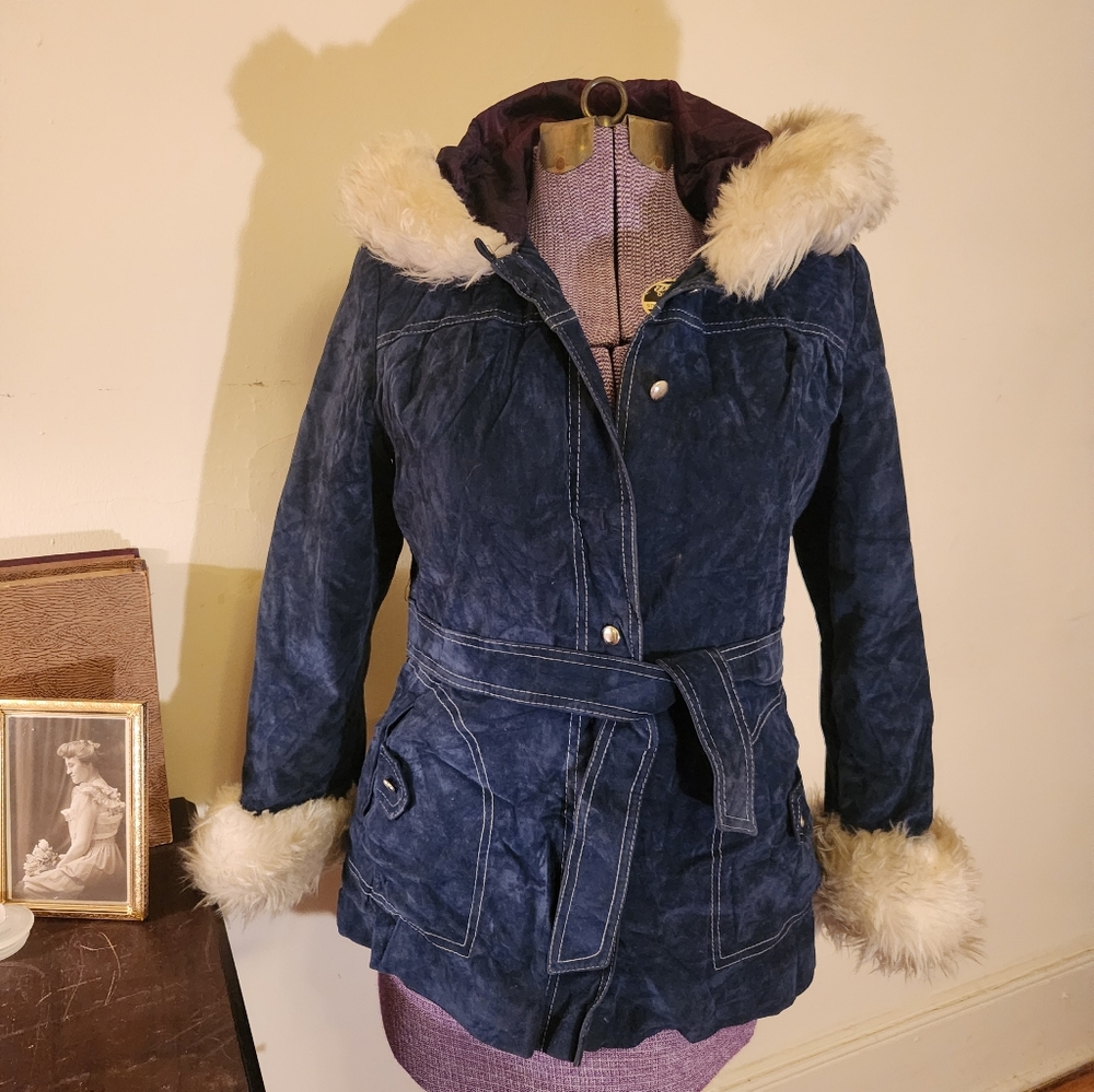 Blue Vintage Penny Lane Coat With White Faux Fur Trim
